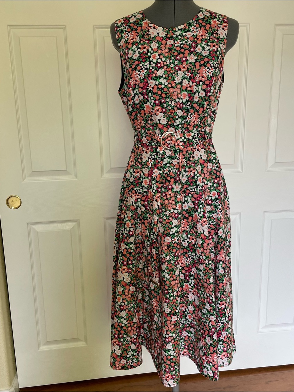 Tommy Hilfiger Floral Belted Midi Dress in Pink, Green and White